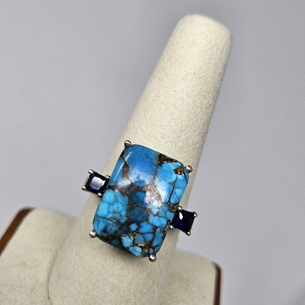 Elegant Turquoise Stone Blue Accents Silver Karis STS Ring Size 8 3/4  9